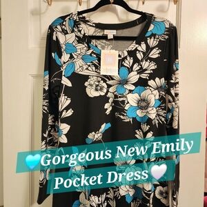 Lularoe Emily Black Floral Dress Pockets Teal Unicorn Rare